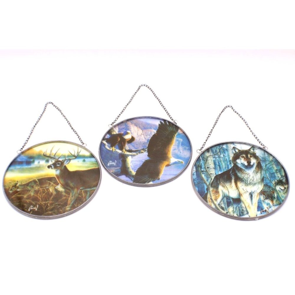Al Agnew Wildlife Suncatchers Deer Eagle Wolf Round Metal Framed Home Decor Vtg